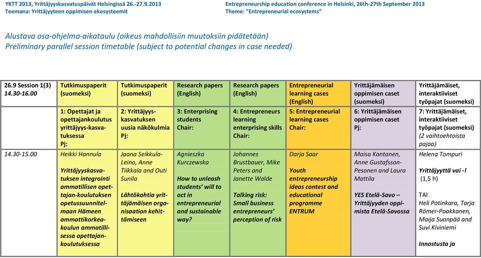 Preliminary parallel session timetable (subject to potential changes in case needed) 26.9 Session 1(3) 14.30-16.