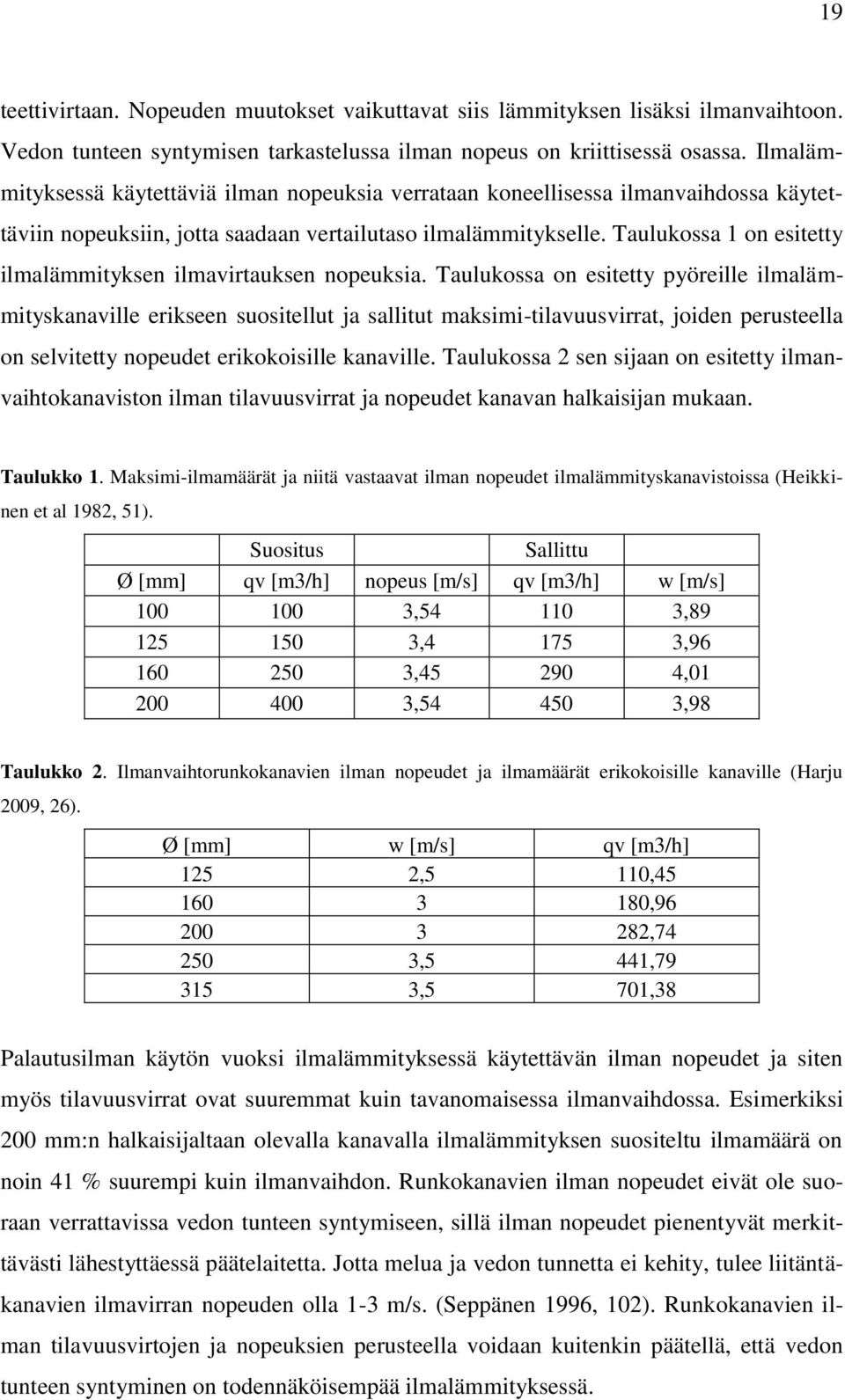 Taulukossa 1 on esitetty ilmalämmityksen ilmavirtauksen nopeuksia.