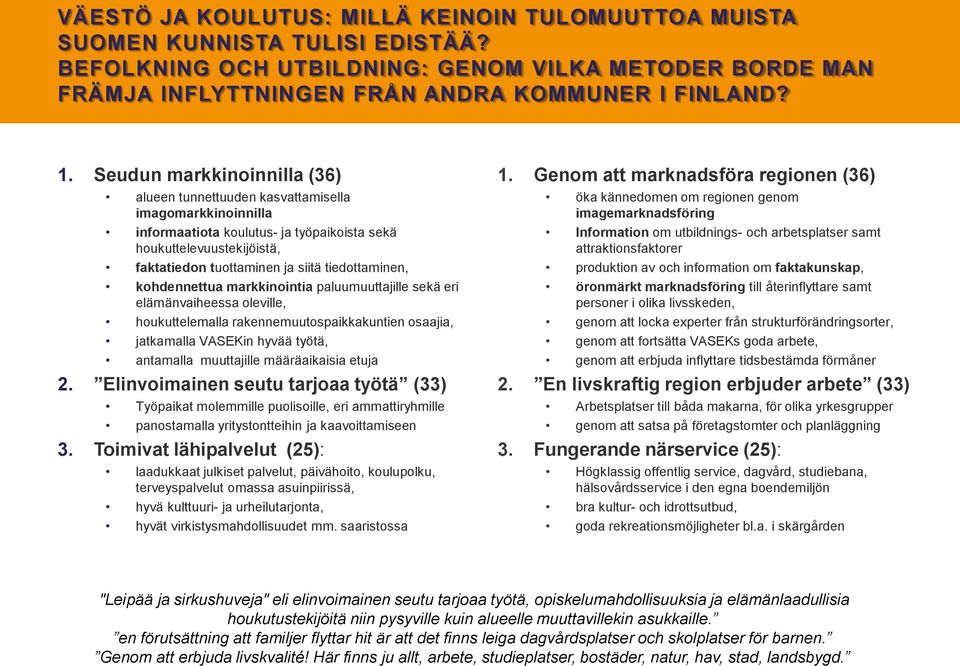 tiedottaminen, kohdennettua markkinointia paluumuuttajille sekä eri elämänvaiheessa oleville, houkuttelemalla rakennemuutospaikkakuntien osaajia, jatkamalla VASEKin hyvää työtä, antamalla muuttajille