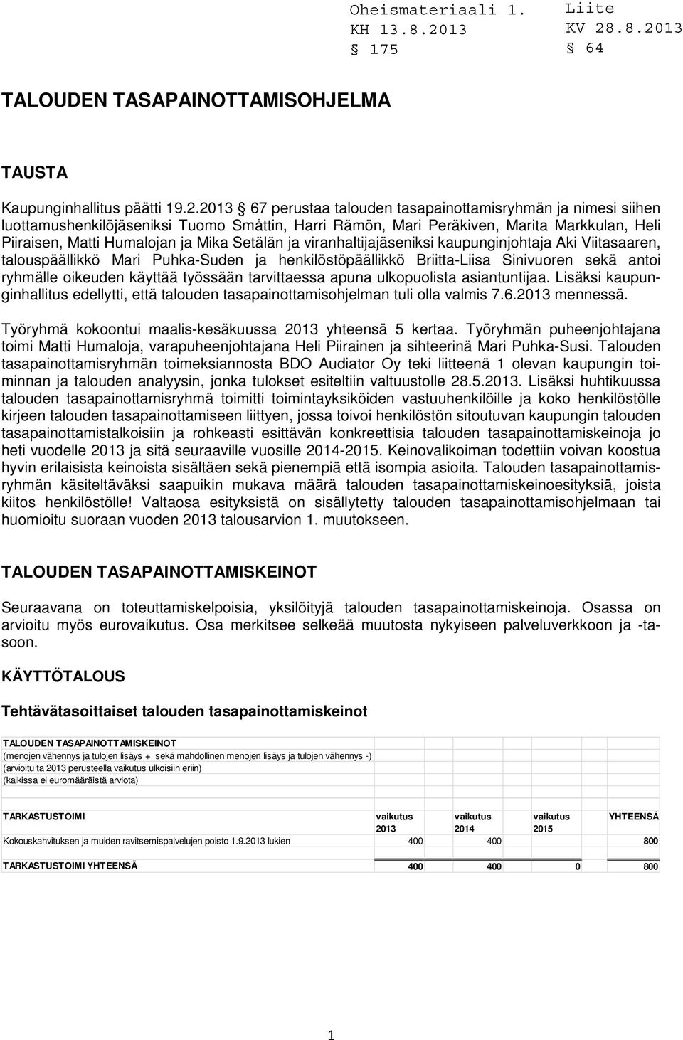 viranhaltijajäseniksi kaupunginjohtaja Aki Viitasaaren, talouspäällikkö Mari Puhka-Suden ja henkilöstöpäällikkö Briitta-Liisa Sinivuoren sekä antoi ryhmälle oikeuden käyttää työssään tarvittaessa