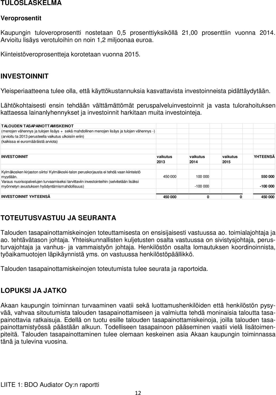 Lähtökohtaisesti ensin tehdään välttämättömät peruspalveluinvestoinnit ja vasta tulorahoituksen kattaessa lainanlyhennykset ja investoinnit harkitaan muita investointeja.