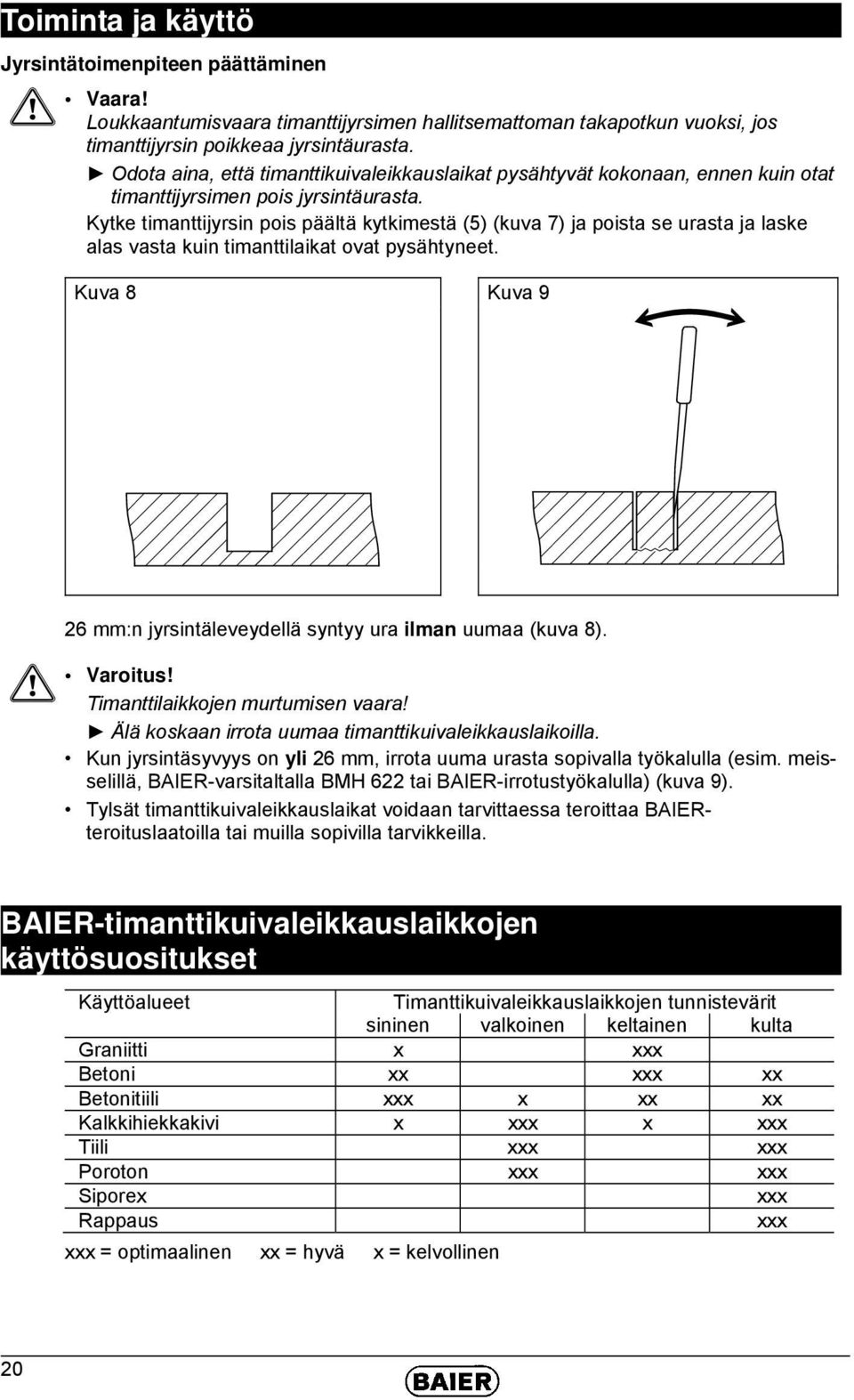 Kytke timanttijyrsin pois päältä kytkimestä (5) (kuva 7) ja poista se urasta ja laske alas vasta kuin timanttilaikat ovat pysähtyneet.