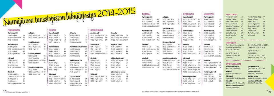 00 nyky aikuiset SK Arkadia 17.30 street 4-5 SV 18.30 street K-16+aik SV Syrjälän koulu 17.00 7v (s.07) IH 17.45 nyky 1 (s.06) IH 18.45 nyky 2 IH Kirkonkylän sali 16.00 jazz 3 JH 17.