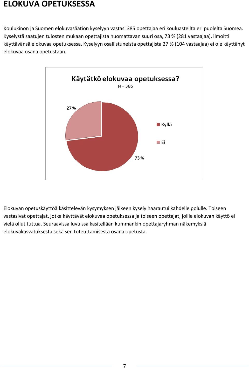 Kyselyyn osallistuneista opettajista 27 % (104 vastaajaa) ei ole käyttänyt elokuvaa osana opetustaan.