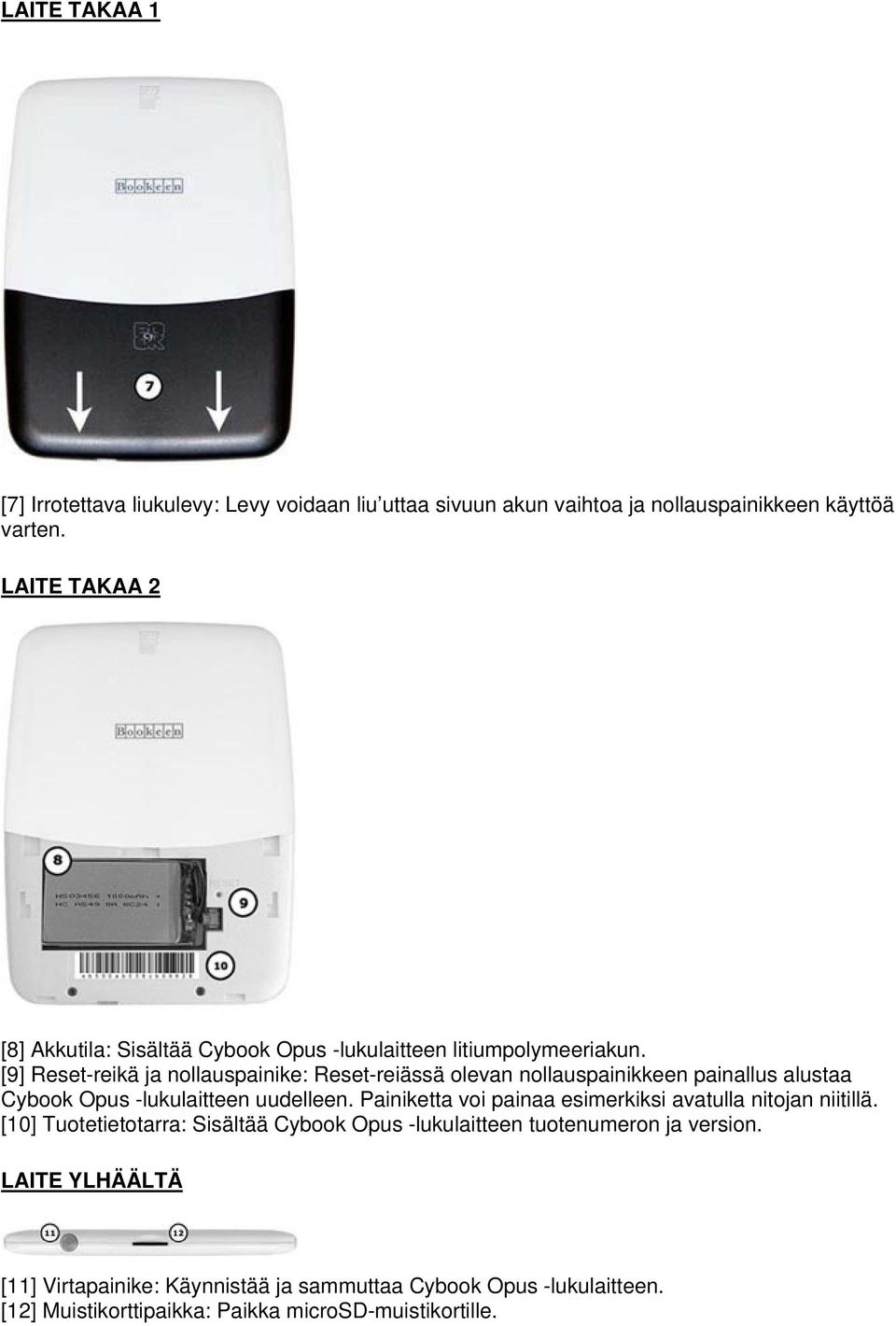 [9] Reset-reikä ja nollauspainike: Reset-reiässä olevan nollauspainikkeen painallus alustaa Cybook Opus -lukulaitteen uudelleen.