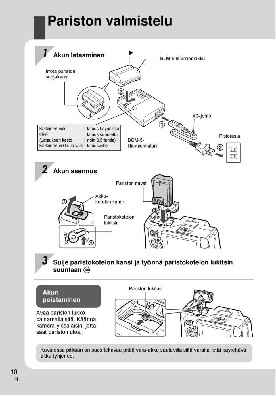 BCM-5- litiumionilaturi Pistorasia 2 Akun asennus Pariston navat 2 Akkukotelon kansi Paristokotelon lukitsin 3 1 3 Sulje paristokotelon kansi ja työnnä