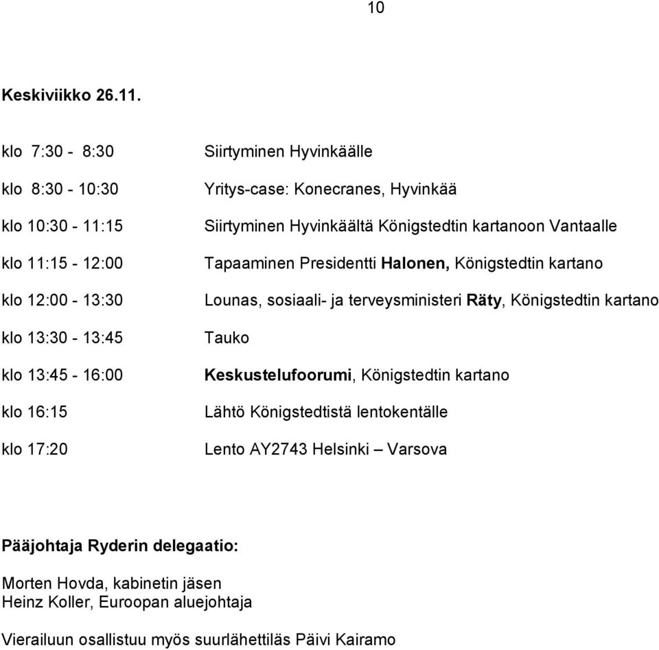 Yritys-case: Konecranes, Hyvinkää Siirtyminen Hyvinkäältä Königstedtin kartanoon Vantaalle Tapaaminen Presidentti Halonen, Königstedtin kartano Lounas, sosiaali-