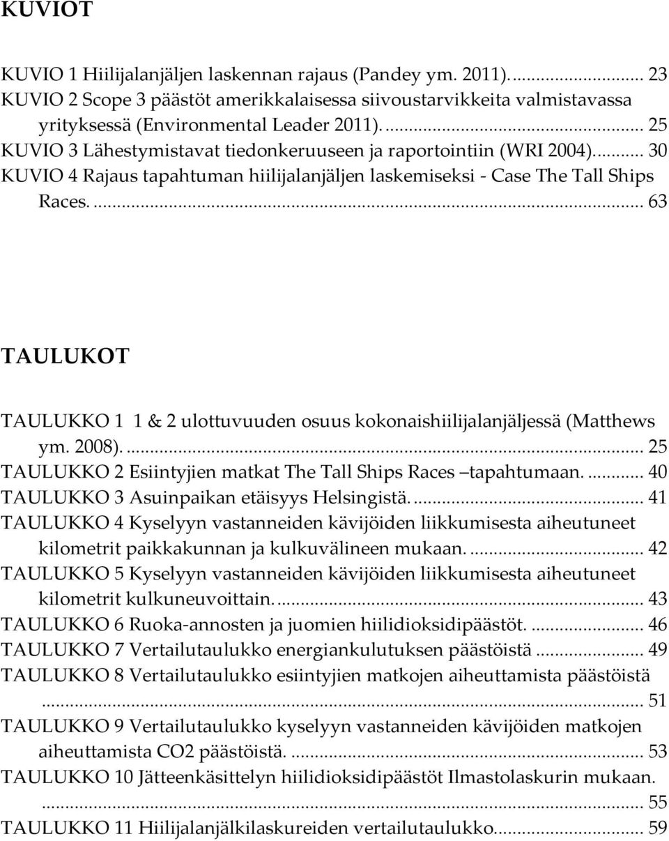 ... 63 TAULUKOT TAULUKKO 1 1 & 2 ulottuvuuden osuus kokonaishiilijalanjäljessä (Matthews ym. 2008).... 25 TAULUKKO 2 Esiintyjien matkat The Tall Ships Races tapahtumaan.