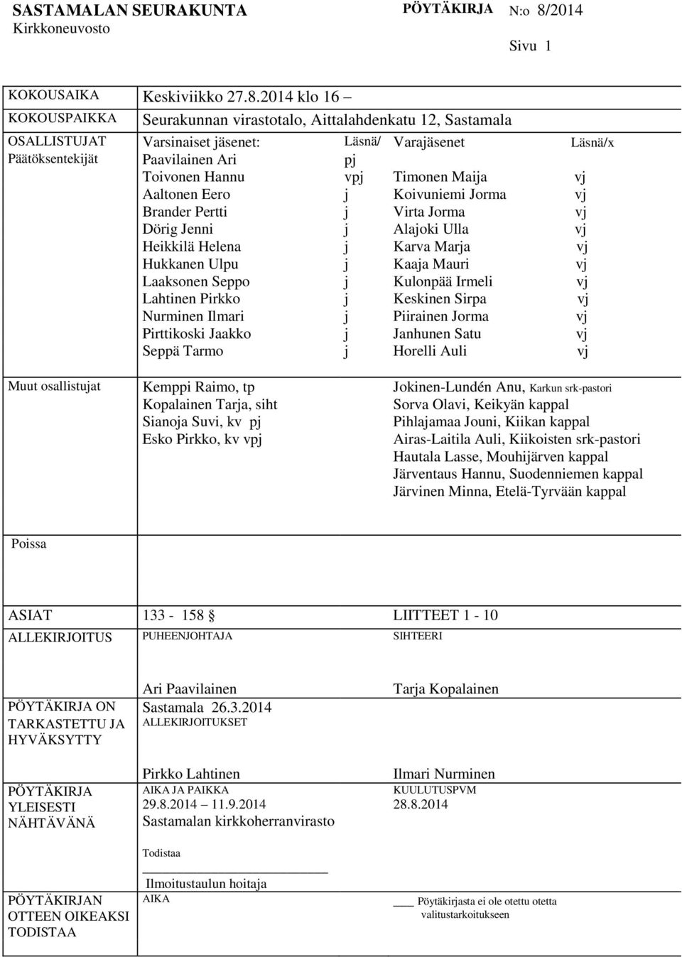 2014 klo 16 KOKOUSPAIKKA Seurakunnan virastotalo, Aittalahdenkatu 12, Sastamala OSALLISTUJAT Varsinaiset jäsenet: Läsnä/ Varajäsenet Läsnä/x Päätöksentekijät Paavilainen Ari pj Toivonen Hannu vpj