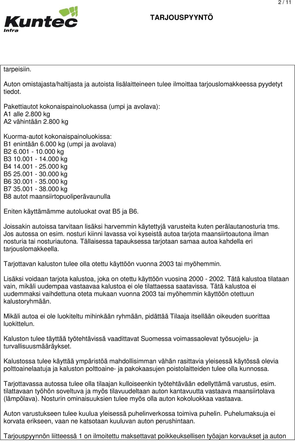 000 kg B7 35.001-38.000 kg B8 autot maansiirtopuoliperävaunulla Eniten käyttämämme autoluokat ovat B5 ja B6.