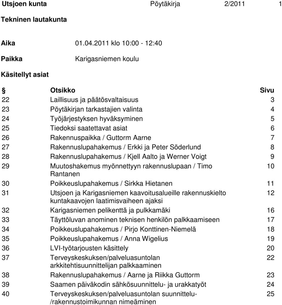 saatettavat asiat 6 26 Rakennuspaikka / Guttorm Aarne 7 27 Rakennuslupahakemus / Erkki ja Peter Söderlund 8 28 Rakennuslupahakemus / Kjell Aalto ja Werner Voigt 9 29 Muutoshakemus myönnettyyn