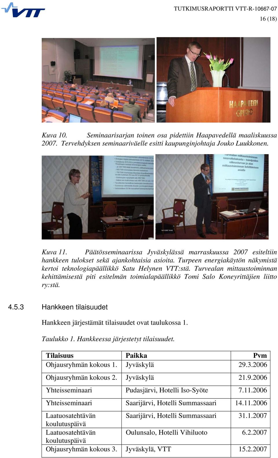 Turvealan mittaustoiminnan kehittämisestä piti esitelmän toimialapäällikkö Tomi Salo Koneyrittäjien liitto ry:stä. 4.5.3 Hankkeen tilaisuudet Hankkeen järjestämät tilaisuudet ovat taulukossa 1.