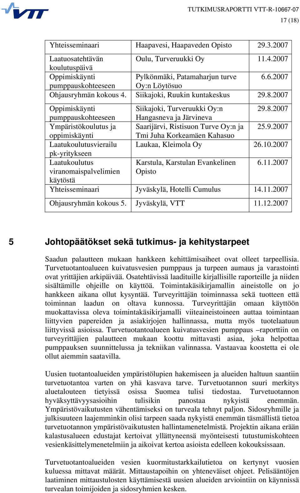 2007 Oppimiskäynti Siikajoki, Turveruukki Oy:n 29.8.2007 pumppauskohteeseen Hangasneva ja Järvineva Ympäristökoulutus ja Saarijärvi, Ristisuon Turve Oy:n ja 25.9.2007 oppimiskäynti Tmi Juha Korkeamäen Kahasuo Laatukoulutusvierailu Laukaa, Kleimola Oy 26.