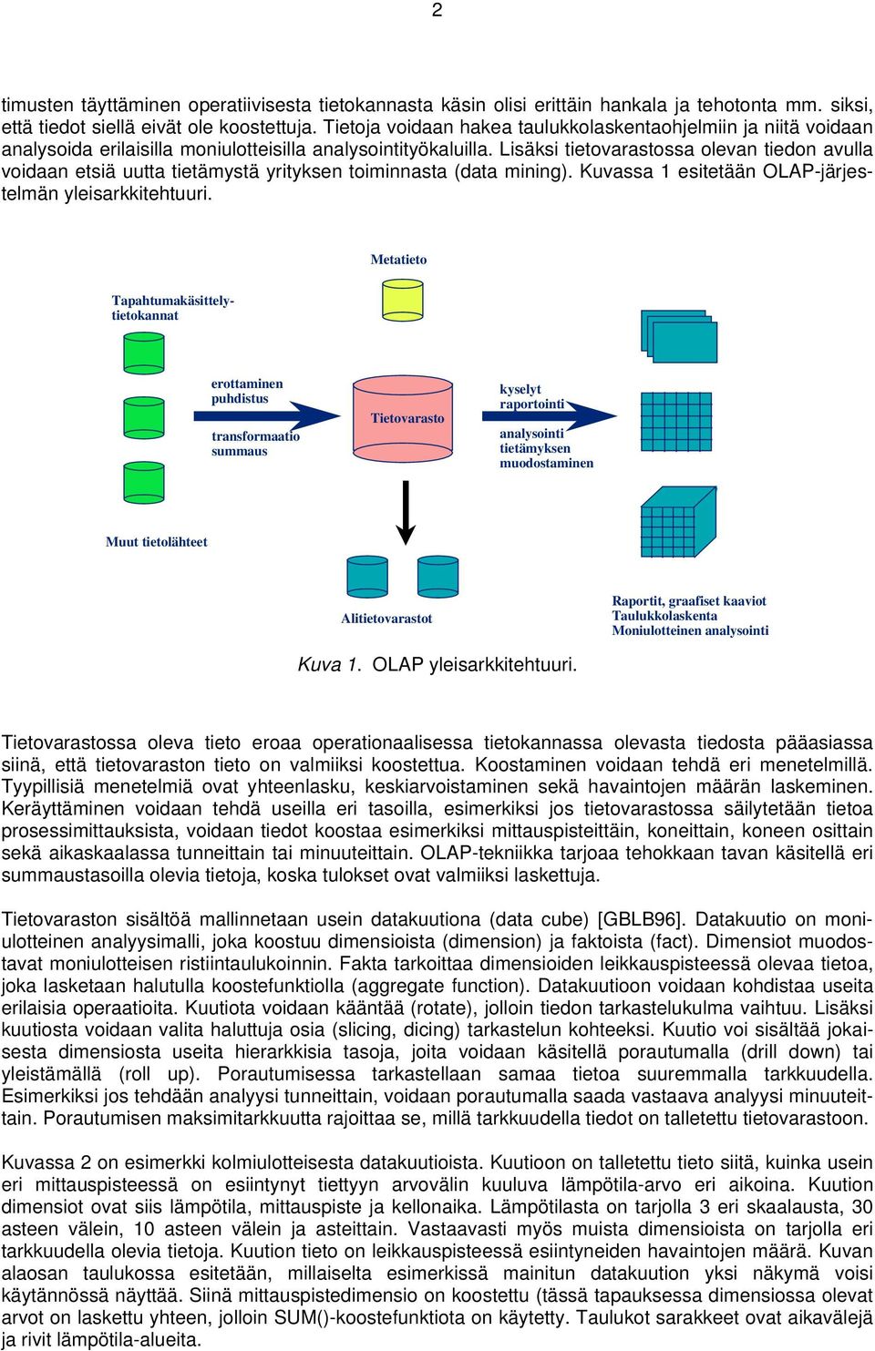 Lisäksi tietovarastossa olevan tiedon avulla voidaan etsiä uutta tietämystä yrityksen toiminnasta (data mining). Kuvassa 1 esitetään OLAP-järjestelmän yleisarkkitehtuuri.