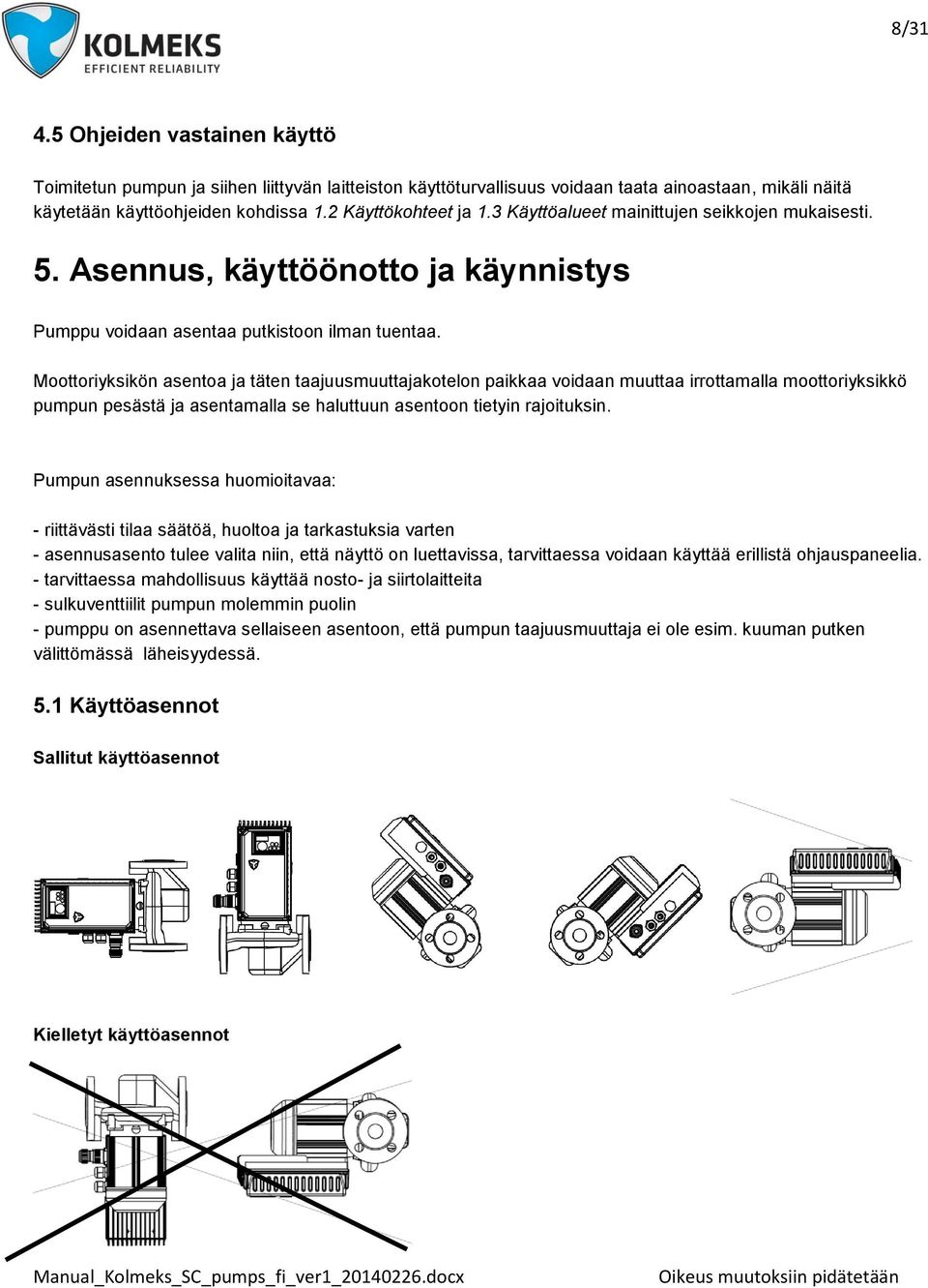 Moottoriyksikön asentoa ja täten taajuusmuuttajakotelon paikkaa voidaan muuttaa irrottamalla moottoriyksikkö pumpun pesästä ja asentamalla se haluttuun asentoon tietyin rajoituksin.