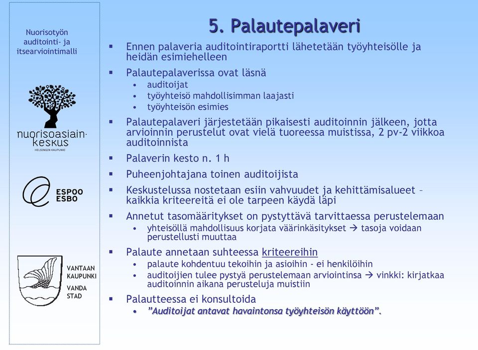 1 h Puheenjohtajana toinen auditoijista Keskustelussa nostetaan esiin vahvuudet ja kehittämisalueet kaikkia kriteereitä ei ole tarpeen käydä läpi Annetut tasomääritykset on pystyttävä tarvittaessa