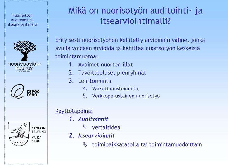 nuorisotyön keskeisiä toimintamuotoa: 1. Avoimet nuorten illat 2. Tavoitteelliset pienryhmät 3.