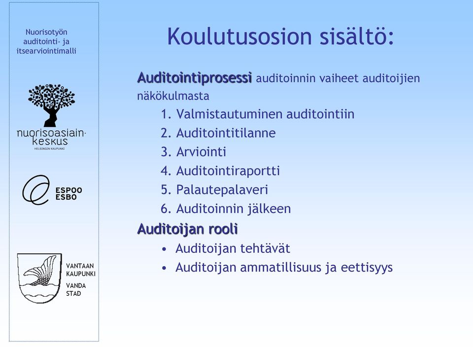 Auditointitilanne 3. Arviointi 4. Auditointiraportti 5.