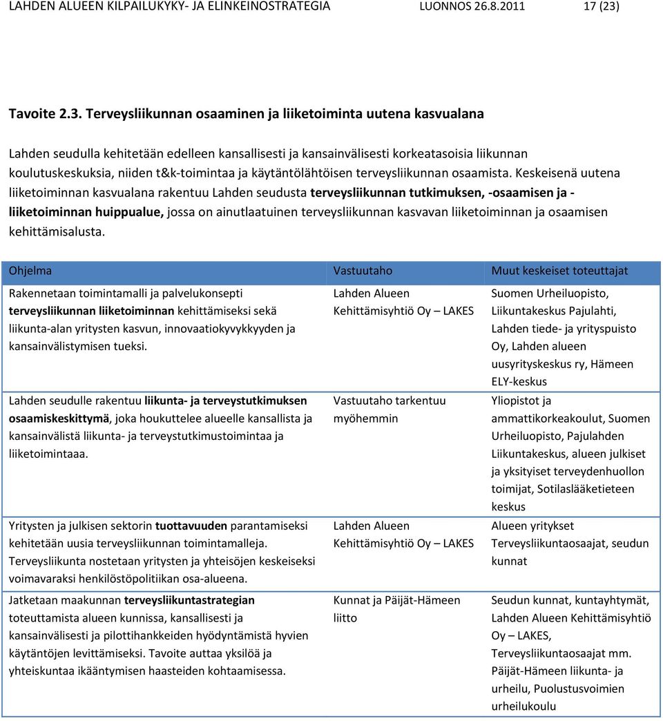 Terveysliikunnan osaaminen ja liiketoiminta uutena kasvualana Lahden seudulla kehitetään edelleen kansallisesti ja kansainvälisesti korkeatasoisia liikunnan koulutuskeskuksia, niiden t&k toimintaa ja