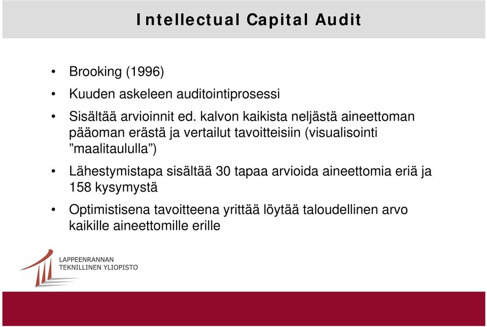 kalvon kaikista neljästä aineettoman pääoman erästä ja vertailut tavoitteisiin (visualisointi