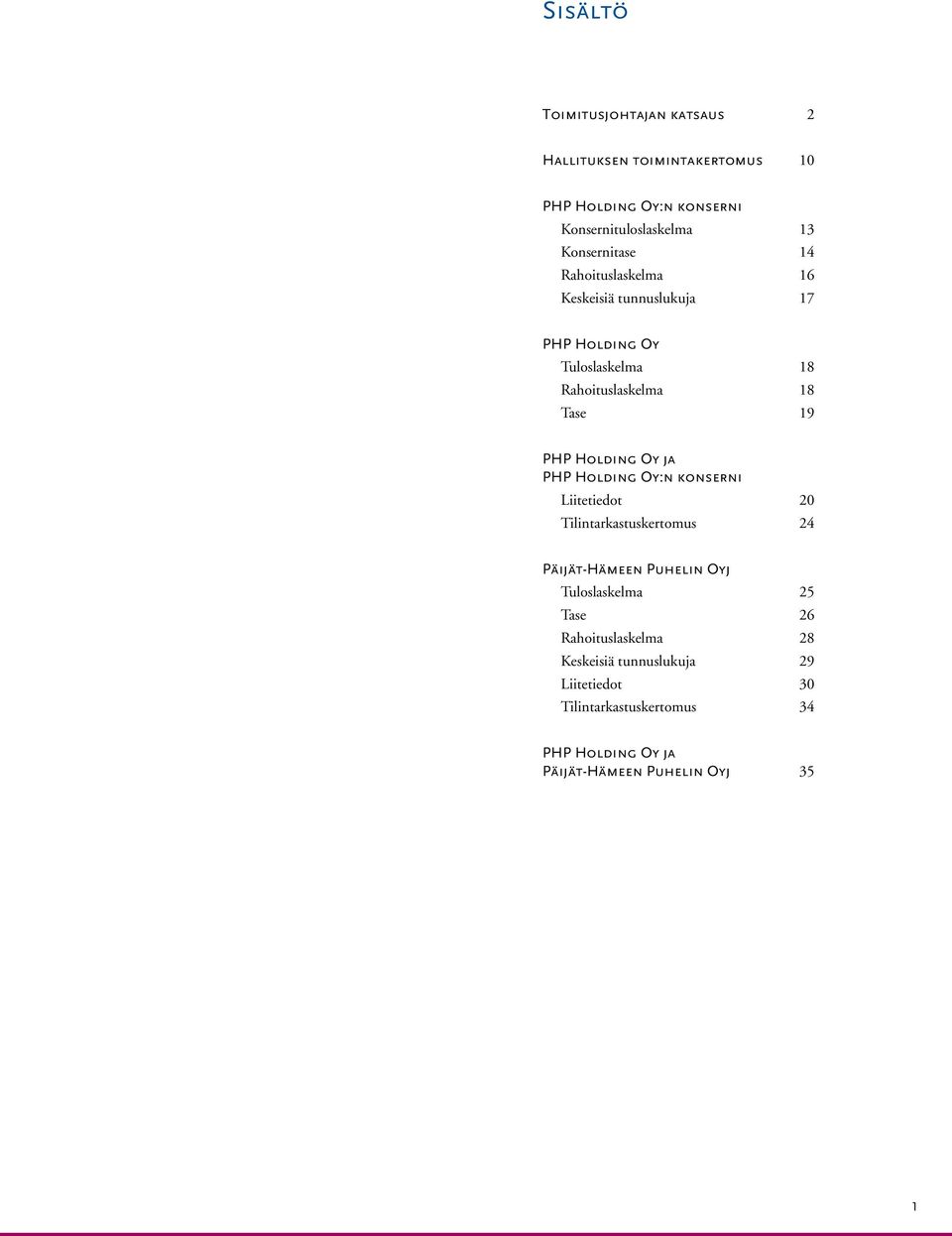 Holding Oy ja PHP Holding Oy:n konserni Liitetiedot 2 Tilintarkastuskertomus 24 Päijät-Hämeen Puhelin Oyj Tuloslaskelma 25