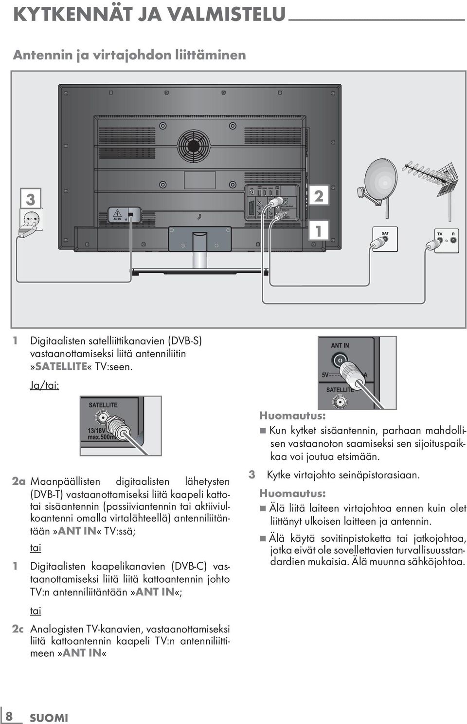 Ja/tai: 2a Maanpäällisten digitaalisten lähetysten (DVB-T) vastaanottamiseksi liitä kaapeli kattotai sisäantennin (passiiviantennin tai aktiiviulkoantenni omalla virtalähteellä) antenniliitäntään»ant
