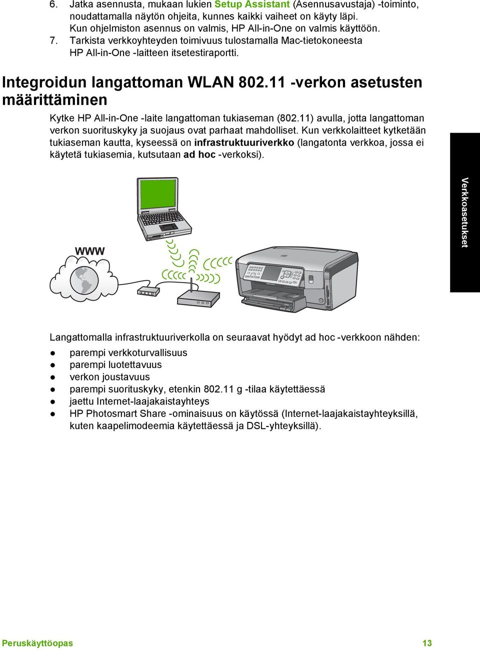 Integroidun langattoman WLAN 802.11 -verkon asetusten määrittäminen Kytke HP All-in-One -laite langattoman tukiaseman (802.