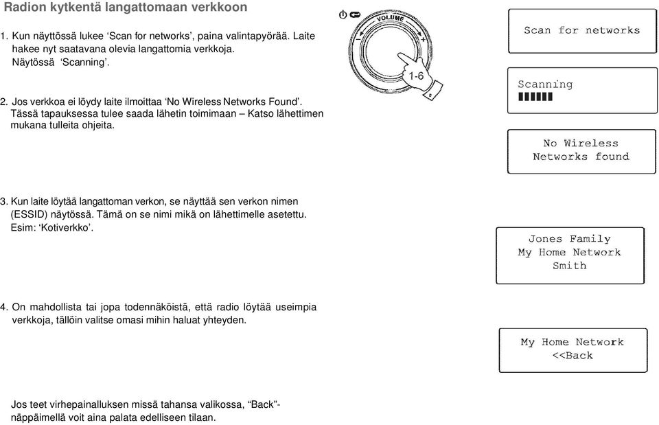 Kun laite löytää langattoman verkon, se näyttää sen verkon nimen (ESSID) näytössä. Tämä on se nimi mikä on lähettimelle asetettu. Esim: Kotiverkko. 4.