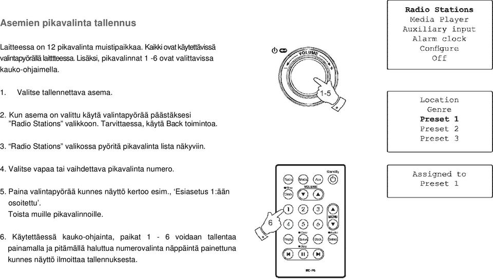 Tarvittaessa, käytä Back toimintoa. 3. Radio Stations valikossa pyöritä pikavalinta lista näkyviin. 4. Valitse vapaa tai vaihdettava pikavalinta numero. 5.