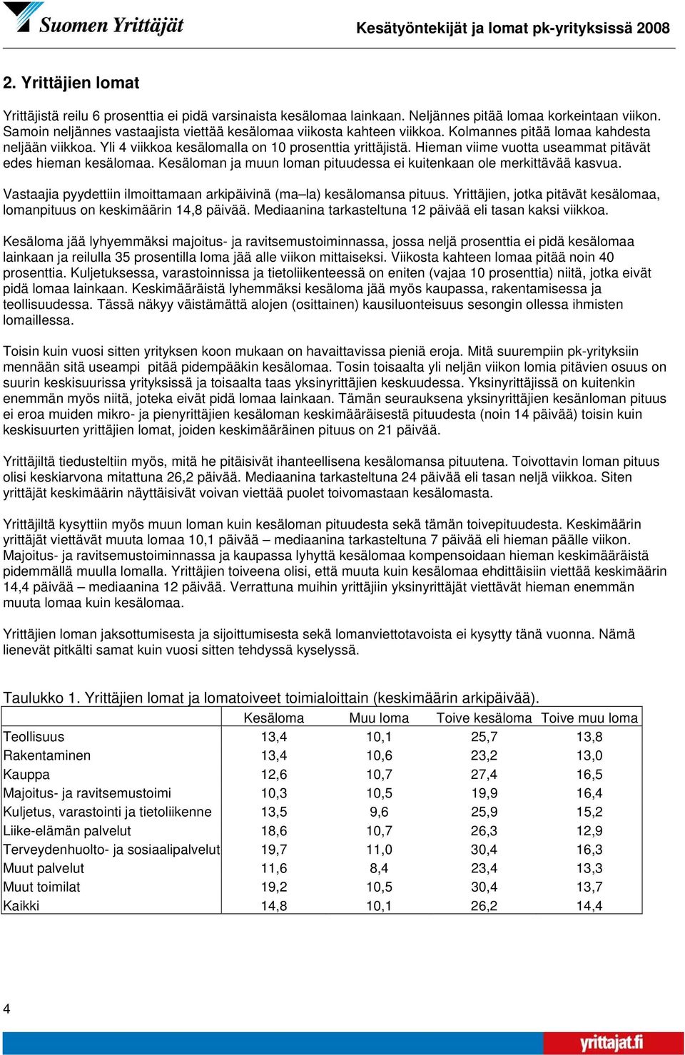 Hieman viime vuotta useammat pitävät edes hieman kesälomaa. Kesäloman ja muun loman pituudessa ei kuitenkaan ole merkittävää kasvua.