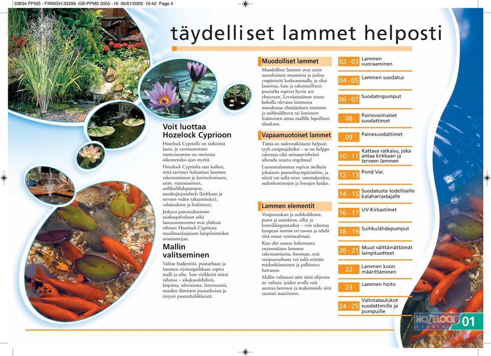 vuorausaineet, suihkulähdepumput, suodinjärjestelmät (kirkkaan ja terveen veden takaamiseksi), valaistuksen ja lisälaitteet.