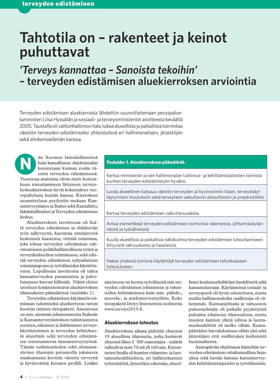 Taustalla oli valtionhallinnon halu tukea alueellista ja paikallista toimintaa väestön terveyden edistämiseksi yhteistyössä eri hallinnonalojen, järjestöjen sekä elinkeinoelämän kanssa.