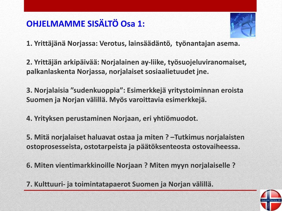 Norjalaisia sudenkuoppia : Esimerkkejä yritystoiminnan eroista Suomen ja Norjan välillä. Myös varoittavia esimerkkejä. 4.