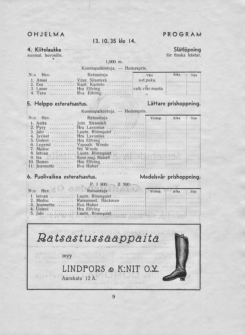 Ratsastaja Virhep. Aika! sija 1. Anita Joht. Strandell 2. Pyry Hra Lavonius 3. Jalo Luutn. Rönnquist 4. Javisst Hra Lavonius 5. Uolevi Hra Elfving' I 6. Legend Vapaah. Wrede 7. Medoc Nti Wrede......^.