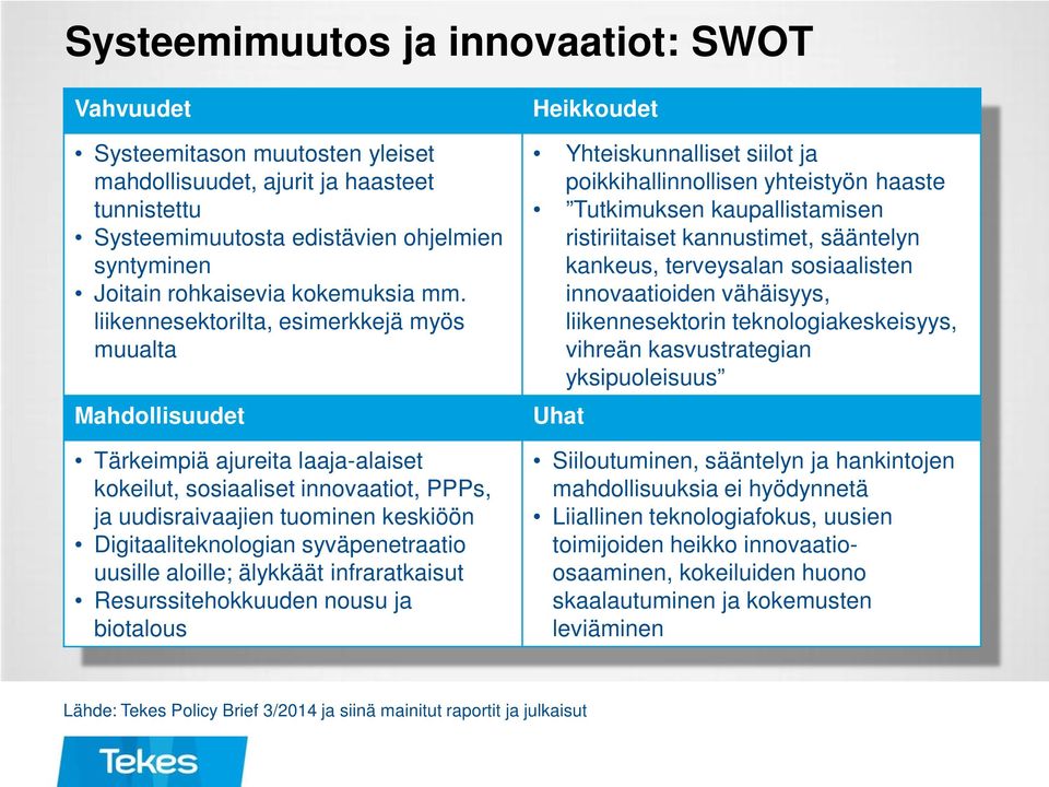 liikennesektorilta, esimerkkejä myös muualta Mahdollisuudet Tärkeimpiä ajureita laaja-alaiset kokeilut, sosiaaliset innovaatiot, PPPs, ja uudisraivaajien tuominen keskiöön Digitaaliteknologian