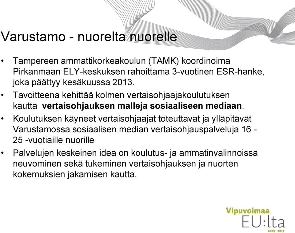 Koulutuksen käyneet vertaisohjaajat toteuttavat ja ylläpitävät Varustamossa sosiaalisen median vertaisohjauspalveluja 16-25 -vuotiaille