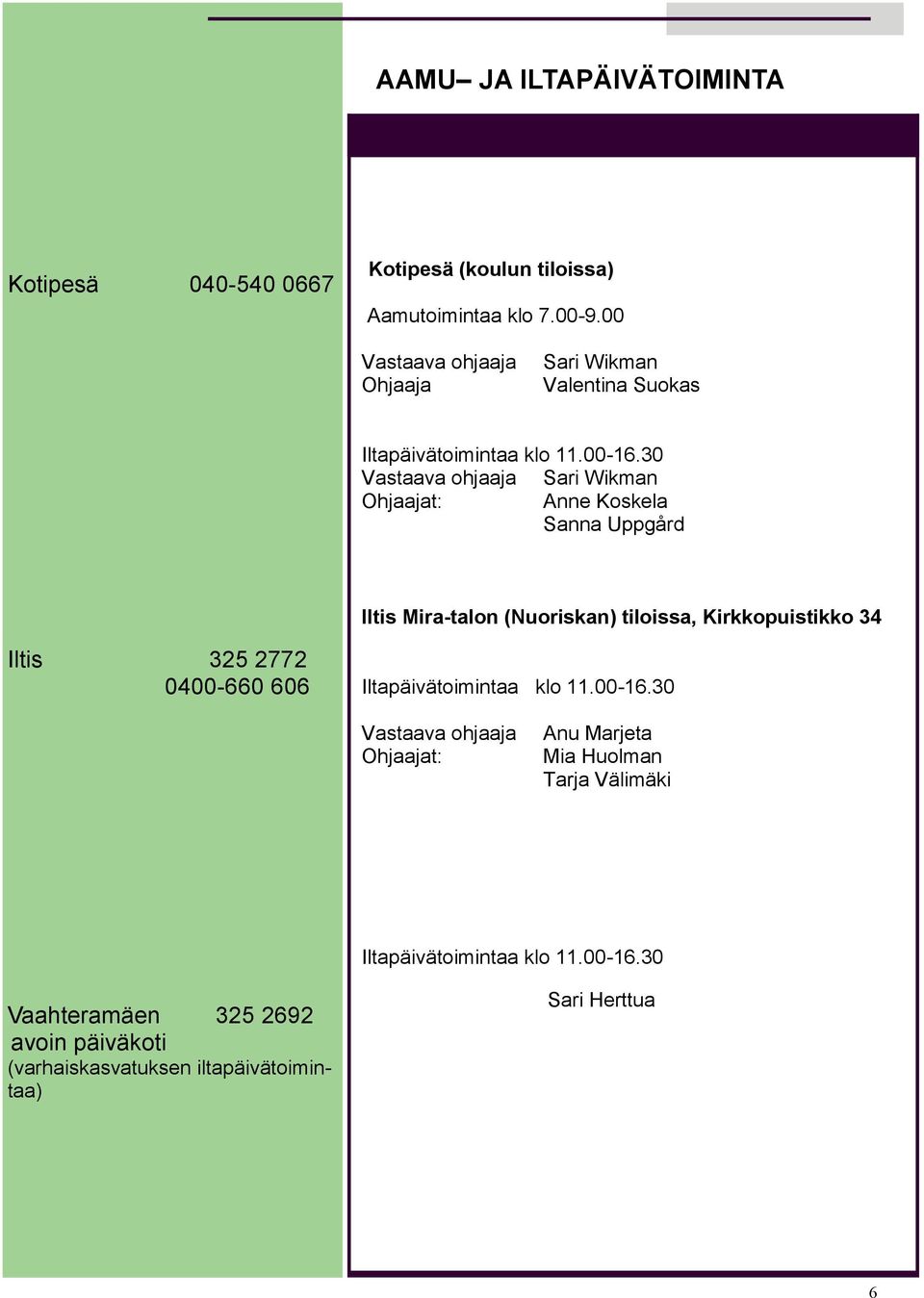 30 Vastaava ohjaaja Sari Wikman Ohjaajat: Anne Koskela Sanna Uppgård Iltis Mira-talon (Nuoriskan) tiloissa, Kirkkopuistikko 34 Iltis 325 2772