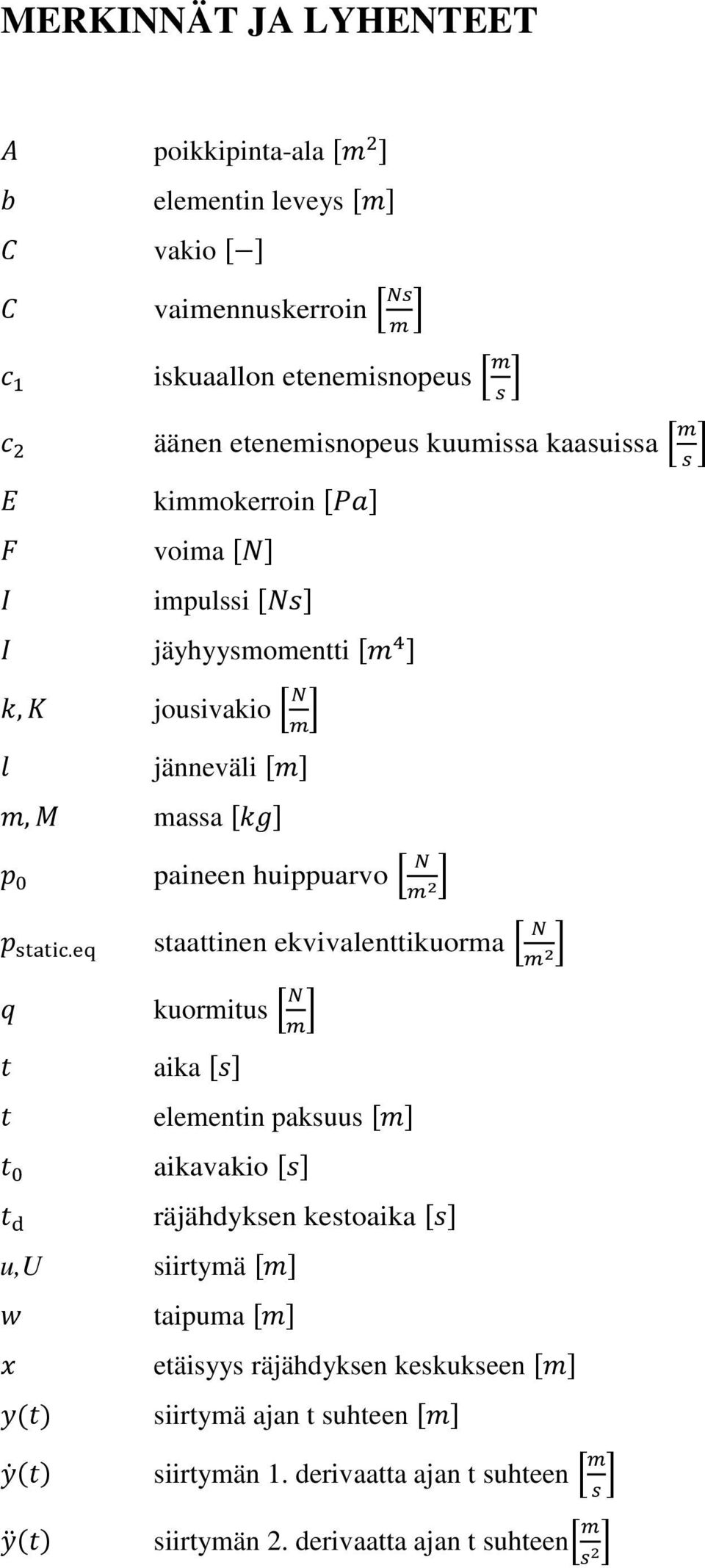 () staattinen ekvivalenttikuorma! * kuormitus + aika + elementin paksuus + aikavakio +, räjähdyksen kestoaika u,u siirtymä - taipuma.