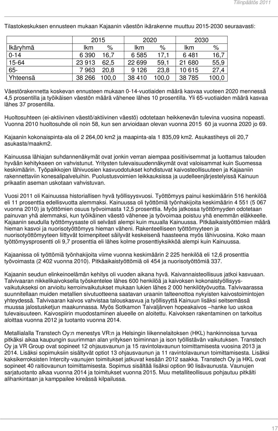 prosentilla ja työikäisen väestön määrä vähenee lähes 10 prosentilla. Yli 65-vuotiaiden määrä kasvaa lähes 37 prosentilla.