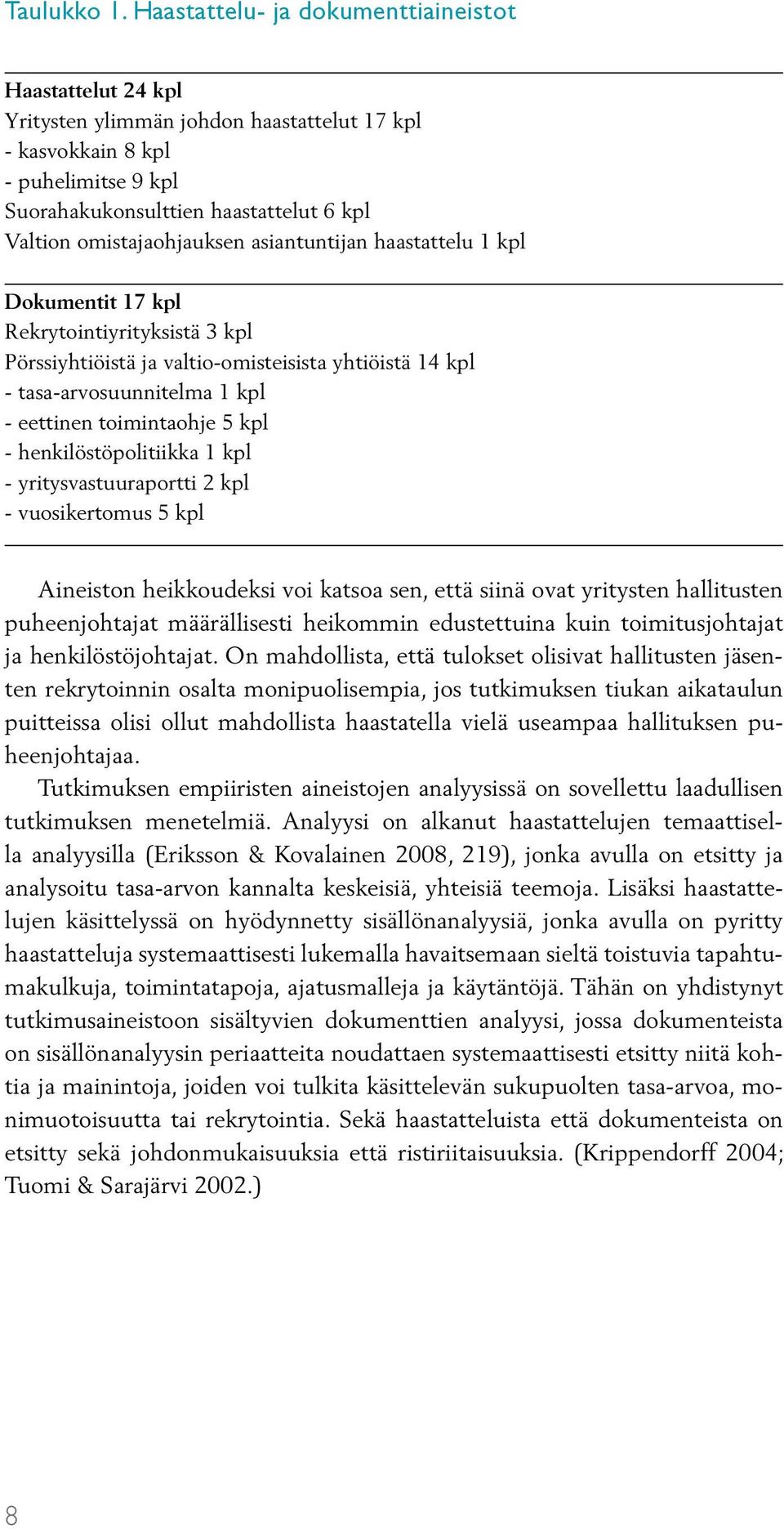 omistajaohjauksen asiantuntijan haastattelu 1 kpl Dokumentit 17 kpl Rekrytointiyrityksistä 3 kpl Pörssiyhtiöistä ja valtio-omisteisista yhtiöistä 14 kpl - tasa-arvosuunnitelma 1 kpl - eettinen