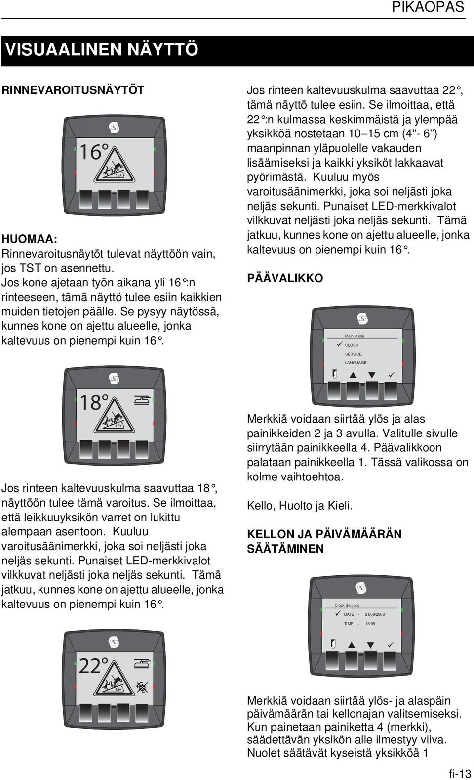 15 Jos rinteen kaltevuuskulma saavuttaa 22, tämä näyttö tulee esiin.