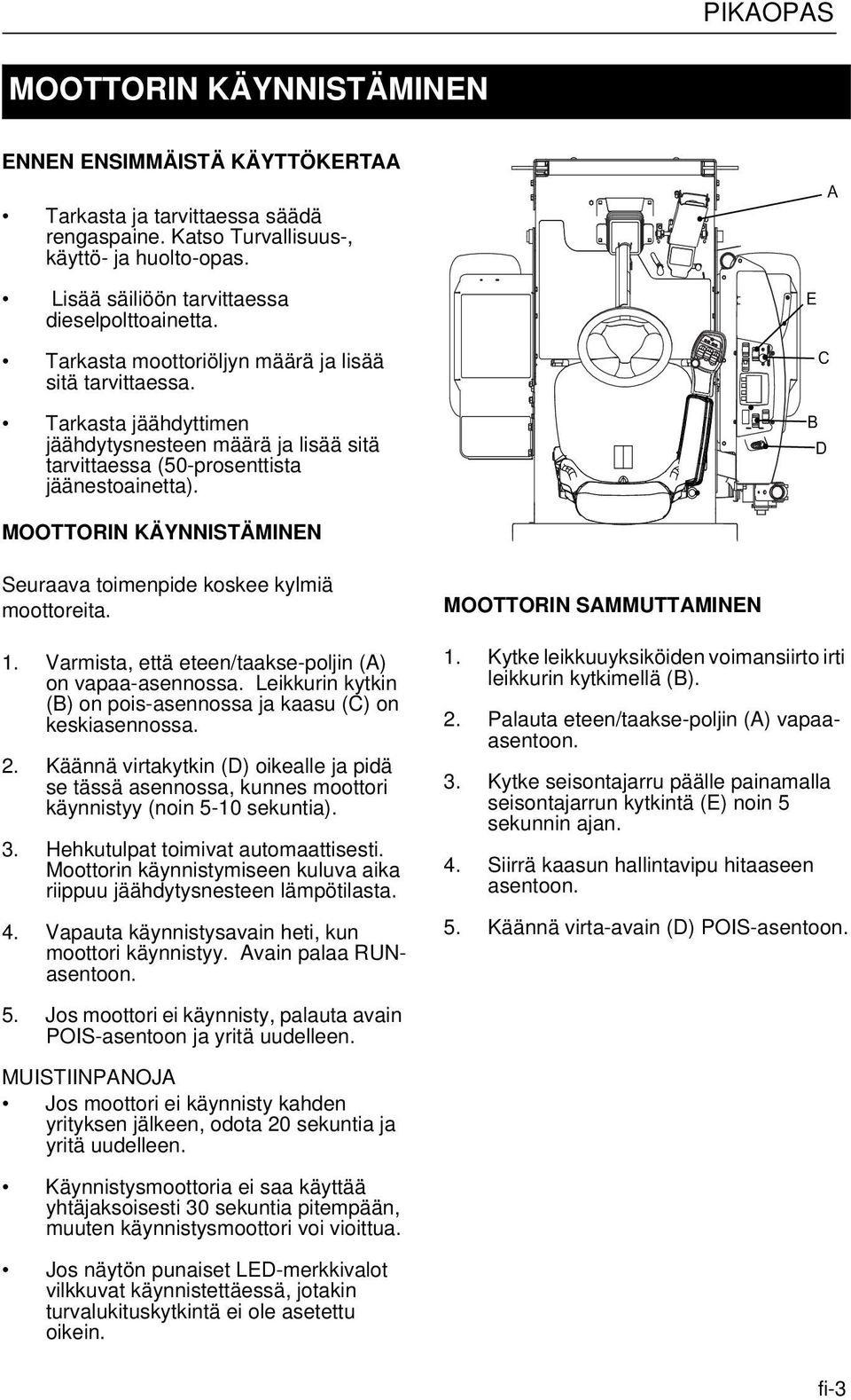 E C B D MOOTTORIN KÄYNNISTÄMINEN Seuraava toimenpide koskee kylmiä moottoreita. 1. Varmista, että eteen/taakse-poljin () on vapaa-asennossa.