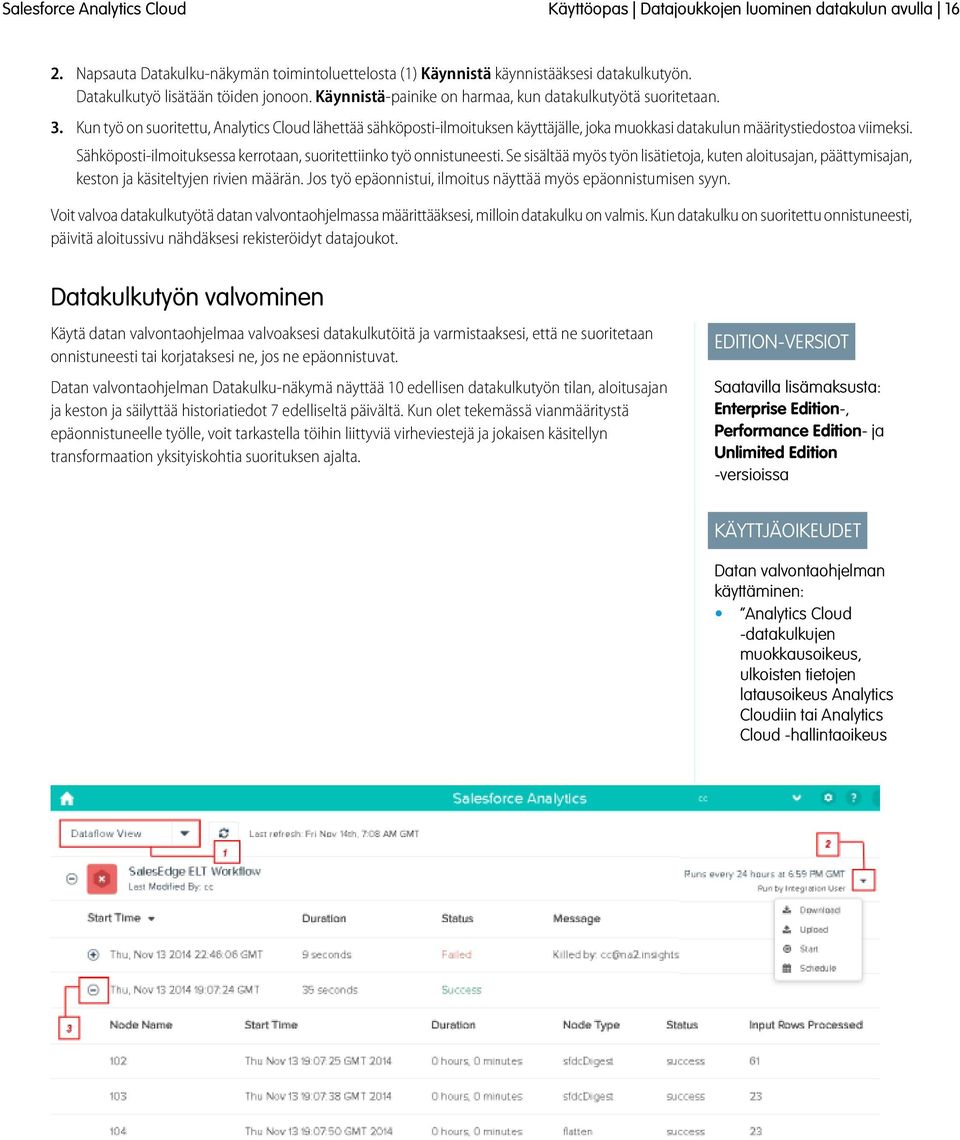 Kun työ on suoritettu, Analytics Cloud lähettää sähköposti-ilmoituksen käyttäjälle, joka muokkasi datakulun määritystiedostoa viimeksi.