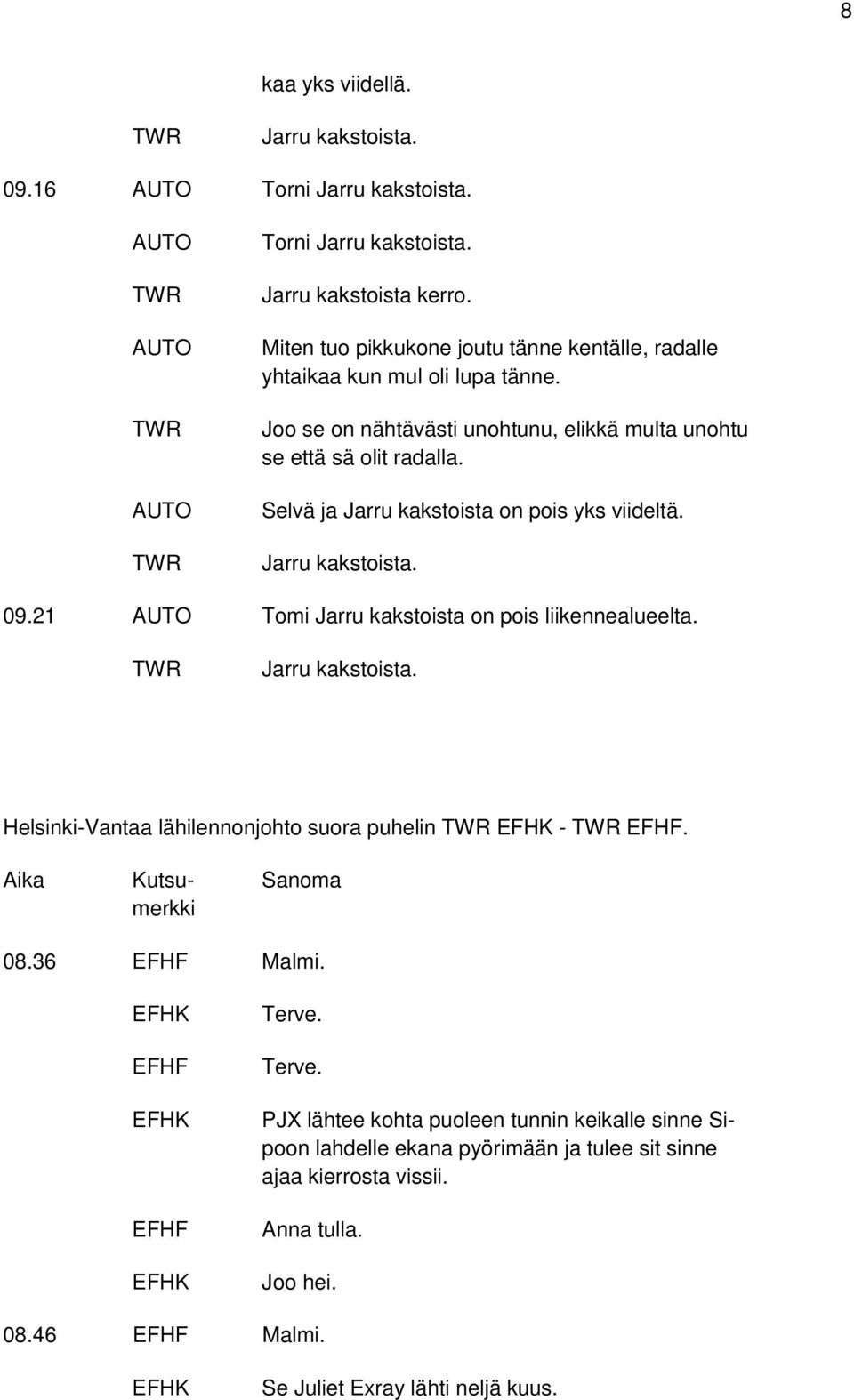 Selvä ja Jarru kakstoista on pois yks viideltä. Jarru kakstoista. 09.21 AUTO Tomi Jarru kakstoista on pois liikennealueelta. Jarru kakstoista. Helsinki-Vantaa lähilennonjohto suora puhelin EFHK - EFHF.