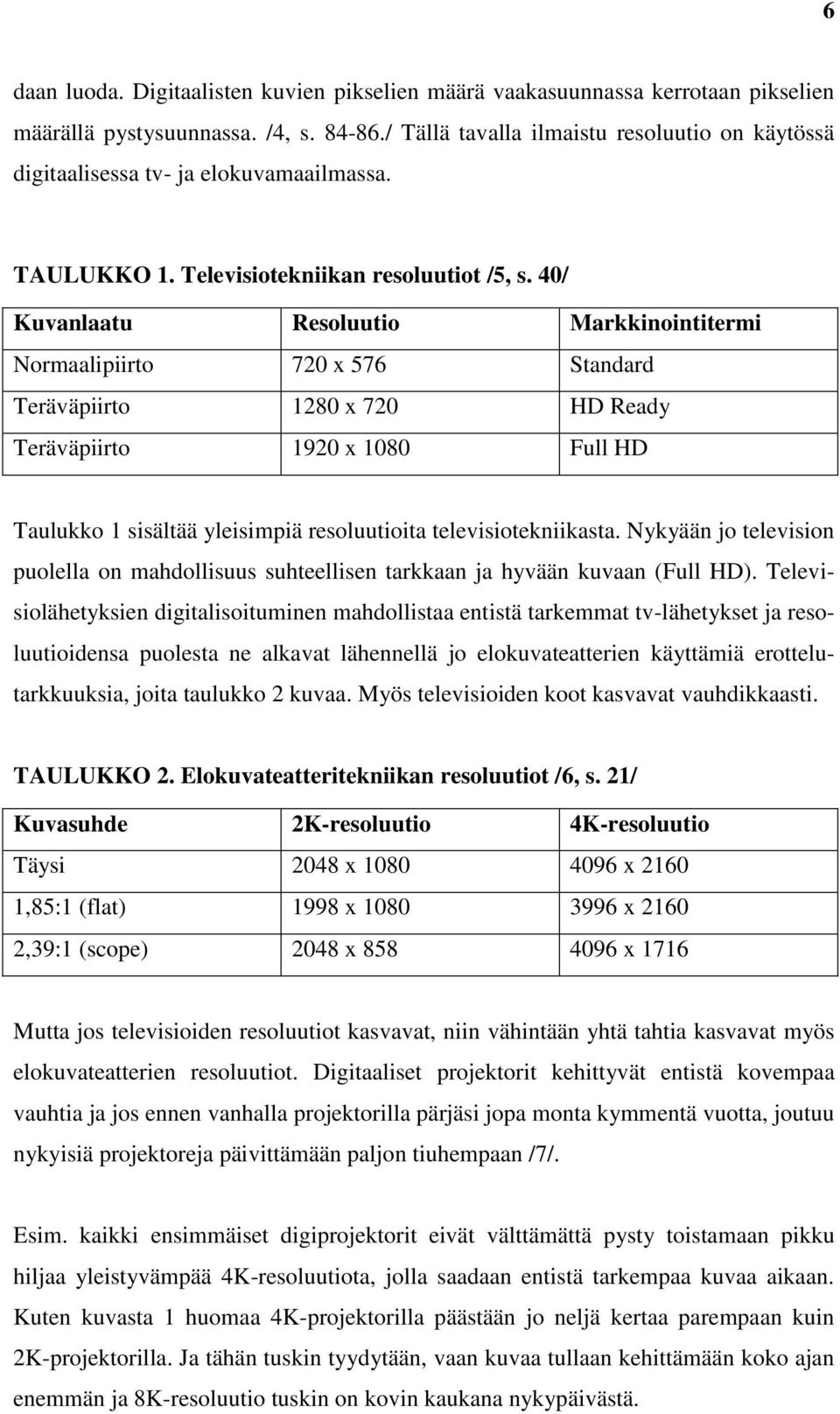 40/ Kuvanlaatu Resoluutio Markkinointitermi Normaalipiirto 720 x 576 Standard Teräväpiirto 1280 x 720 HD Ready Teräväpiirto 1920 x 1080 Full HD Taulukko 1 sisältää yleisimpiä resoluutioita