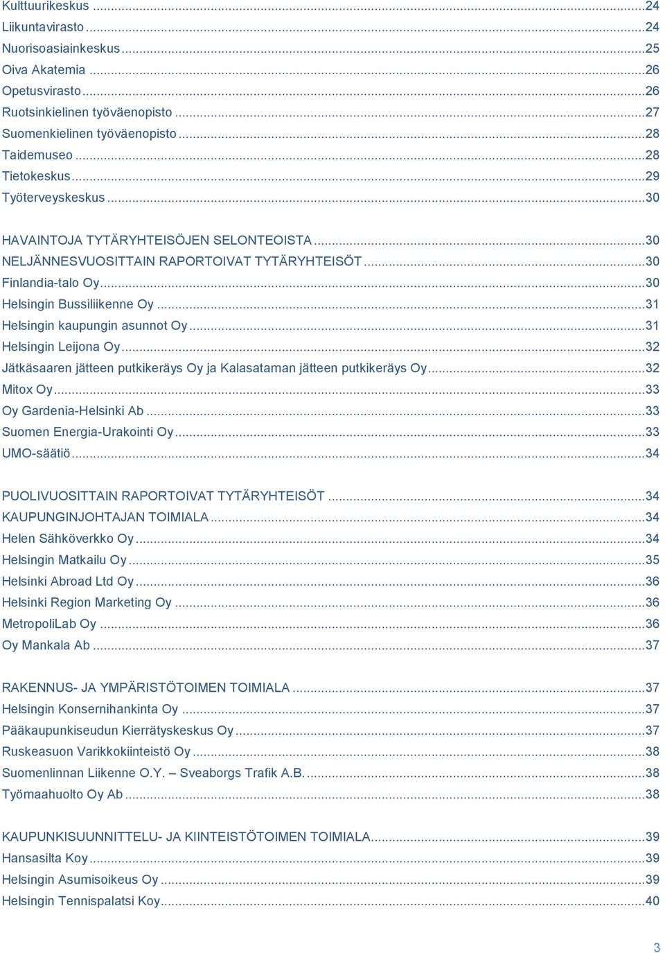 .. 31 Helsingin kaupungin asunnot Oy... 31 Helsingin Leijona Oy... 32 Jätkäsaaren jätteen putkikeräys Oy ja Kalasataman jätteen putkikeräys Oy... 32 Mitox Oy... 33 Oy Gardenia-Helsinki Ab.