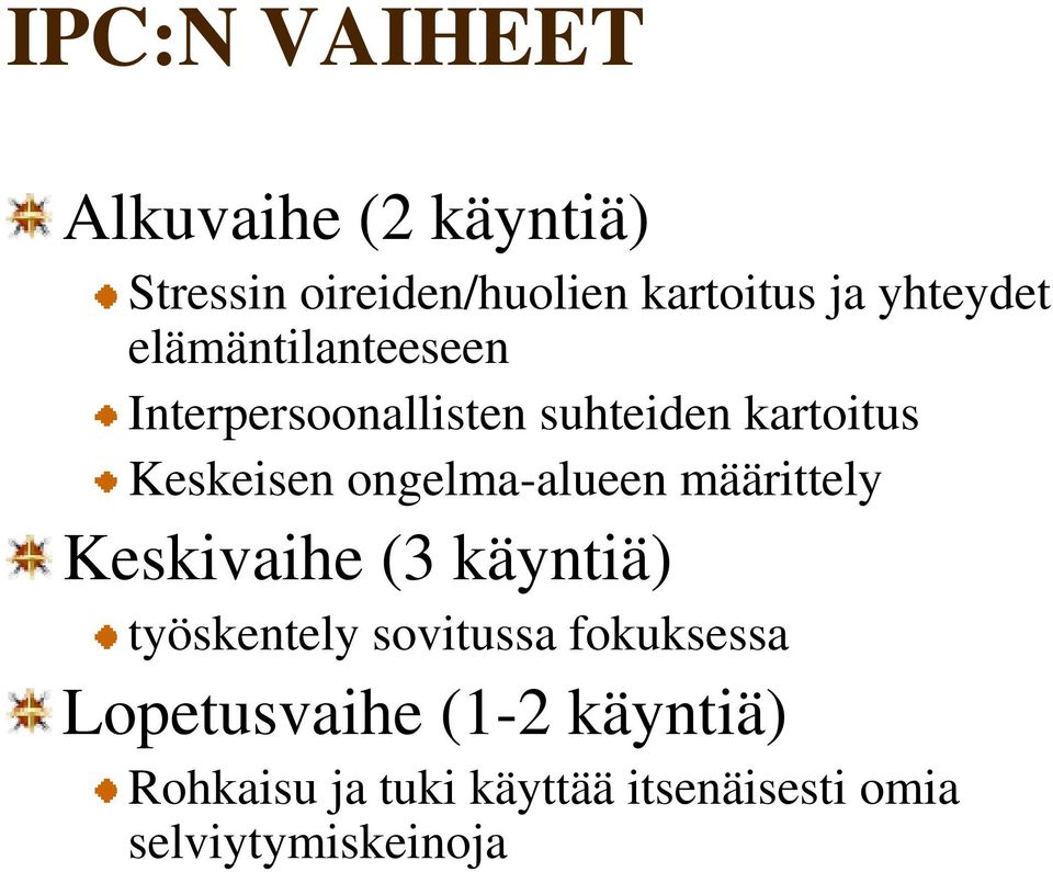 ongelma-alueen määrittely Keskivaihe (3 käyntiä) työskentely sovitussa