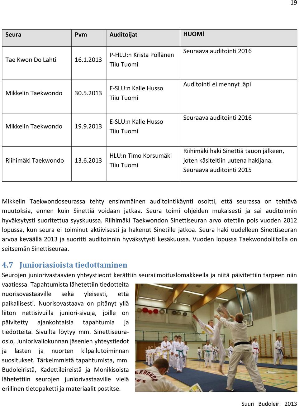 Riihimäki Taekwondo 13.6.2013 HLU:n Timo Korsumäki Tiiu Tuomi Riihimäki haki Sinettiä tauon jälkeen, joten käsiteltiin uutena hakijana.