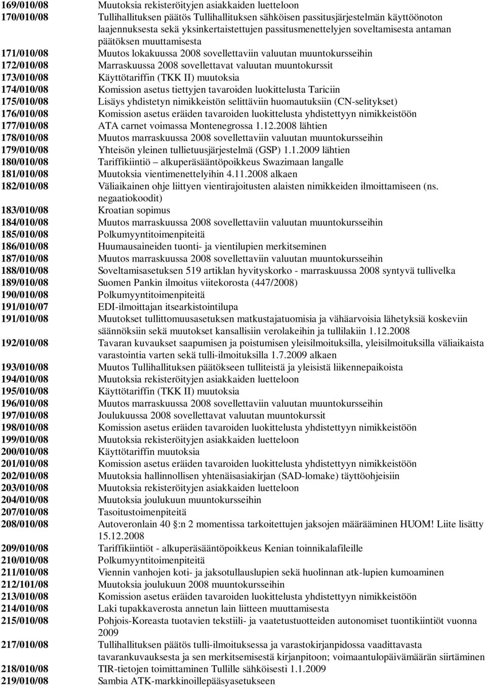 muuntokurssit 173/010/08 Käyttötariffin (TKK II) muutoksia 174/010/08 Komission asetus tiettyjen tavaroiden luokittelusta Tariciin 175/010/08 Lisäys yhdistetyn nimikkeistön selittäviin huomautuksiin