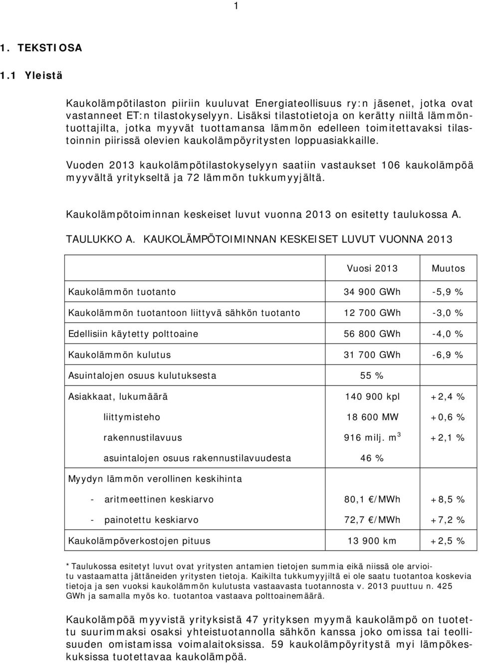 Vuoden 2013 kaukolämpötilastokyselyyn saatiin vastaukset 106 kaukolämpöä myyvältä yritykseltä ja 72 lämmön tukkumyyjältä. Kaukolämpötoiminnan keskeiset luvut vuonna 2013 on esitetty taulukossa A.